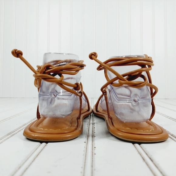 NEW Open Edit Brown Leather Strappy Lace Up Ankle Summer Flat Sandals M485 - Picture 6 of 11